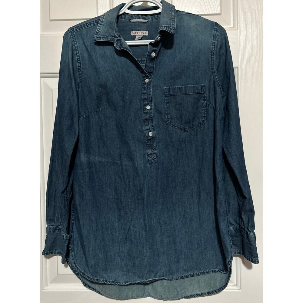 Merona Women's‎ Blue Jean Quarter Button Pullover Hi-Lo Long Sleeve Shirt Size S